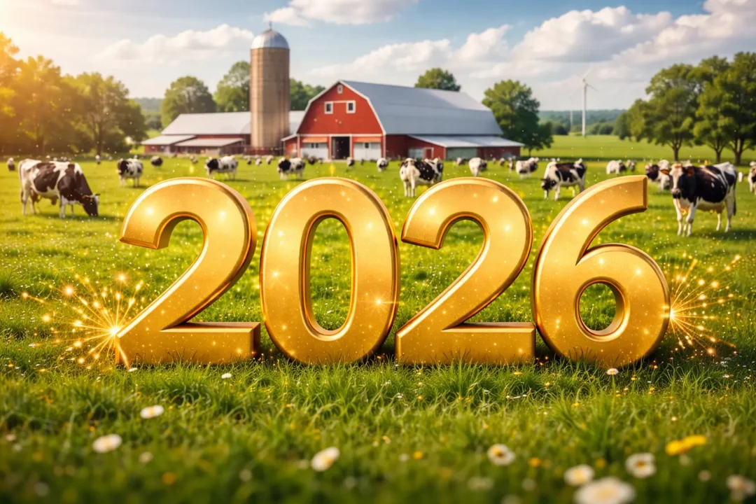 Números 2026 en un paisaje de finca lechera con vacas y campo verde, representando un nuevo año lleno de tradición y origen lácteo.