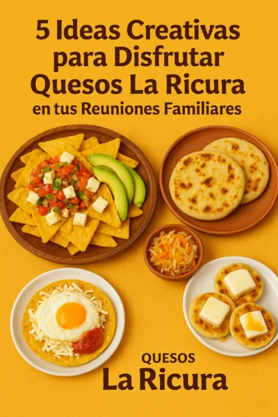 Platos con quesos La Ricura incluyendo nachos, pupusas, arepas y huevos con queso, ideales para reuniones familiares.