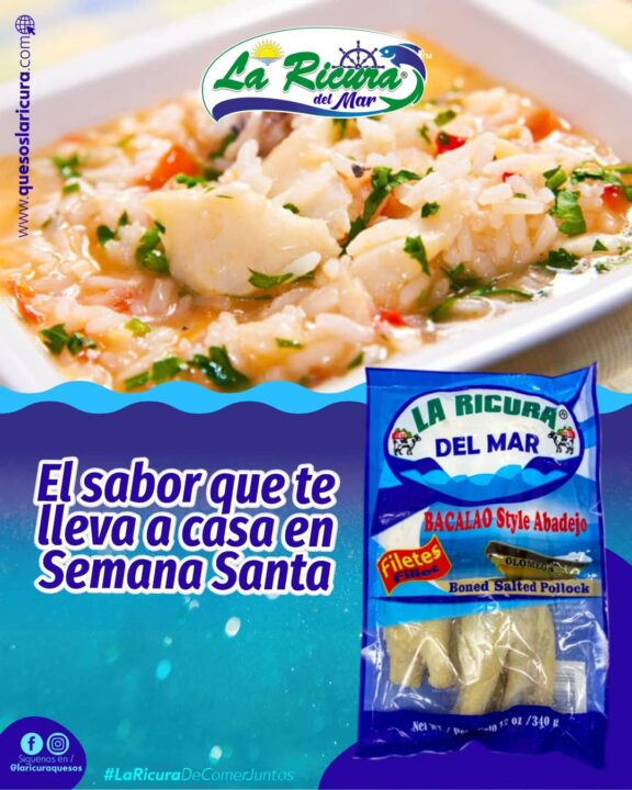Bacalao style abadejo La Ricura del Mar en empaque con plato preparado de arroz y pescado para Semana Santa