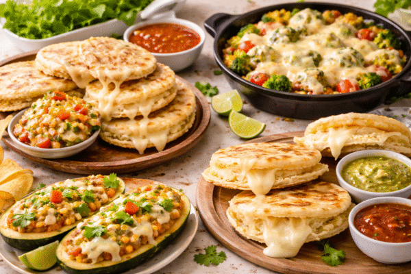 Platos latinos preparados con quesillo derretido, incluyendo pupusas y recetas tradicionales para compartir en familia.
