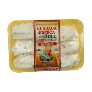 Cuajada Fresca con Chile Rojo y Verde Quesos La Ricura, queso fresco artesanal con pimientos rojos y verdes disponible en Maryland, Houston, Hicksville, Farmingdale y Brentwood.