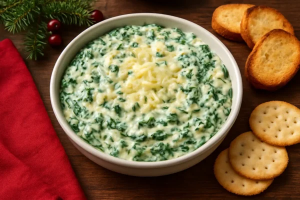Dip cremoso de queso y espinaca servido en un bowl blanco con acompañantes, ideal para celebraciones navideñas.