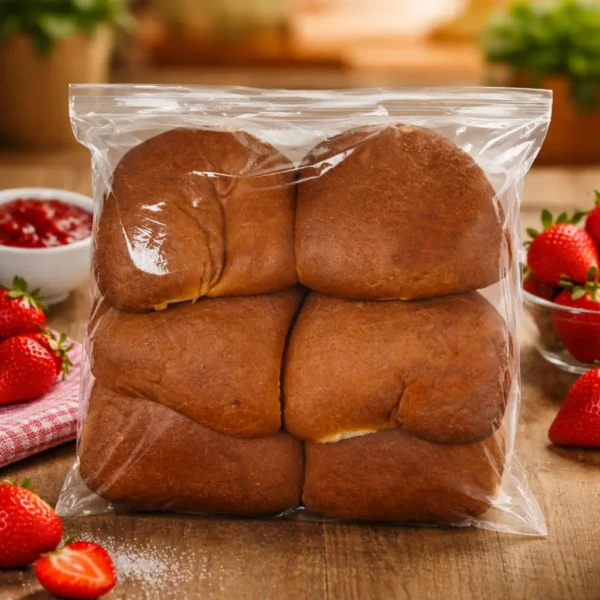 Empanadas rellenas de fresa La Ricura en empaque transparente sobre mesa con fresas naturales