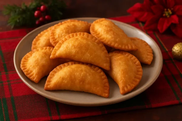 Empanaditas de queso navideñas preparadas con discos para empanadas La Ricura, servidas en una bandeja festiva para novenas