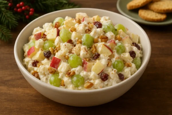 Ensalada navideña de frutas preparada con crema y queso estilo latino, servida en un bowl sobre mesa rústica