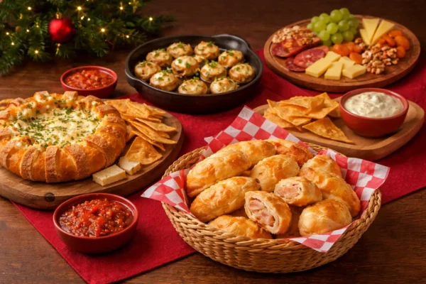 Mesa navideña con entradas latinas a base de queso, presentadas de forma artesanal para celebraciones decembrinas.