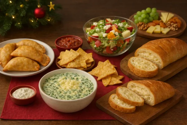 Mesa navideña con platos latinos preparados con queso, ideales para reuniones familiares de la comunidad latina en Estados Unidos.