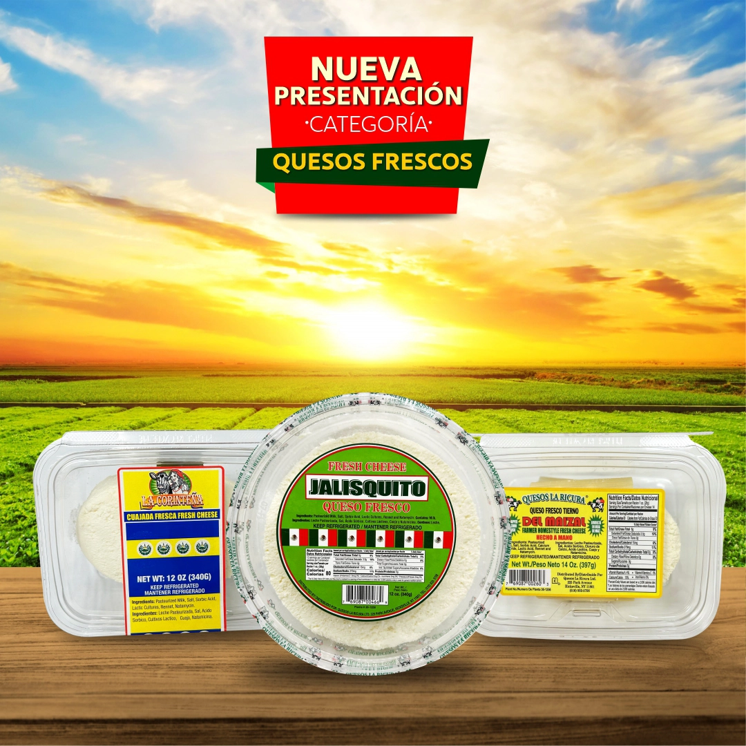 Banner de productos nuevos de Quesos La Ricura: Cuajada Fresca La Corinteña 12 oz, Queso Fresco Tierno del Maizal 14 oz y Queso Fresco Jalisquito 12 oz.