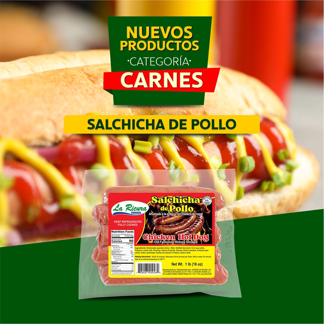 Salchicha de Pollo 16 oz de Quesos La Ricura – deliciosa y lista para cocinar.