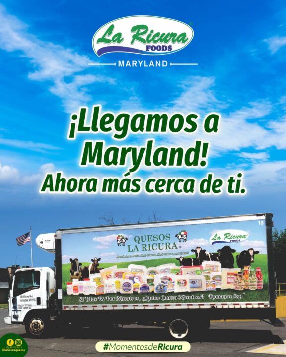 Camión de Quesos La Ricura anunciando llegada a Maryland con productos latinos y centroamericanos