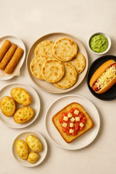 snacks fáciles con queso la ricura en platos variados sin empaques, mini pupusas, palitos de queso, papas rellenas, pan tostado con tomate y queso, comida familiar con queso fresco
