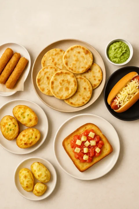 snacks fáciles con queso la ricura en platos variados sin empaques, mini pupusas, palitos de queso, papas rellenas, pan tostado con tomate y queso, comida familiar con queso fresco