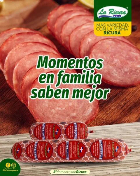 Rodajas de Villa Duarte Salami Especial La Ricura Foods, salami dominicano ideal para recetas tradicionales