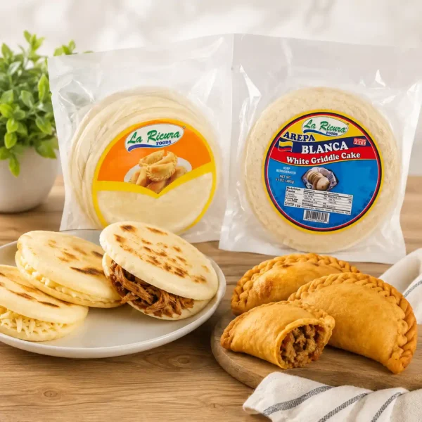 Arepa Blanca y Discos para Empanadas La Ricura Foods para preparar recetas tradicionales latinas.