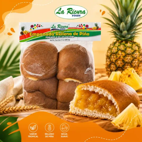 Empanada rellena de piña La Ricura Foods, pan dulce latino con suave masa y delicioso relleno de jalea de piña, ideal para desayunos y meriendas en Maryland, Houston, Hicksville, Farmingdale y Brentwood.
