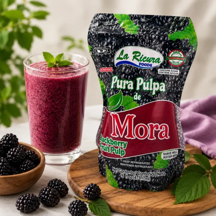 Pura Pulpa de Mora La Ricura junto a un batido cremoso de mora decorado con hojas de menta y moras frescas.