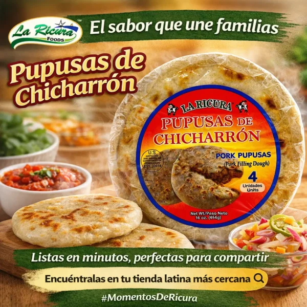 Pupusas de chicharrón La Ricura en empaque listas para cocinar comida salvadoreña tradicional