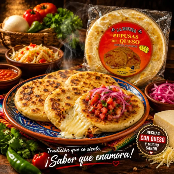 Pupusas salvadoreñas de queso La Ricura recién preparadas, acompañadas de curtido, salsa roja y queso fresco sobre una mesa rústica.