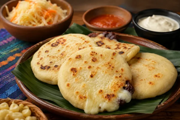 Pupusas salvadoreñas tradicionales rellenas de queso, recién hechas y servidas con curtido y salsa de tomate.