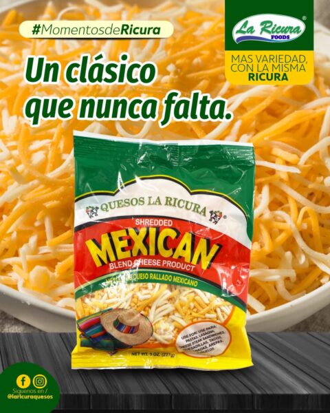 Queso shredded mexicano La Ricura rallado ideal para tacos, nachos y recetas latinas
