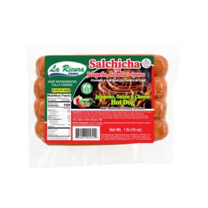 Salchicha con jalapeño, cebolla y queso