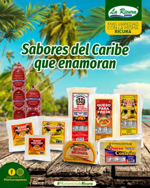 Quesos caribeños La Ricura: queso para freír, queso blanco, queso costeño y queso de papa servidos en una mesa familiar