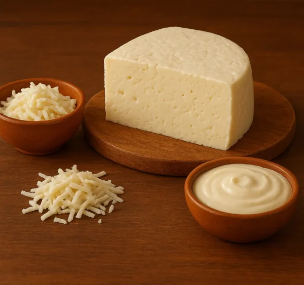 Queso fresco artesanal acompañado de queso rallado y crema de queso sobre mesa rústica.
