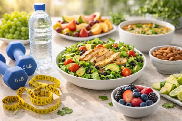 Comida saludable después de la Navidad con ensalada, frutas y hábitos de bienestar para recuperar el peso ideal.