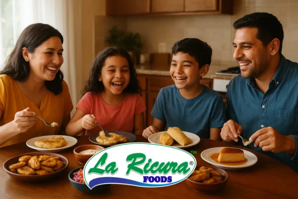 Familia centroamericana disfrutando de comidas tradicionales con Quesos La Ricura en la mesa.